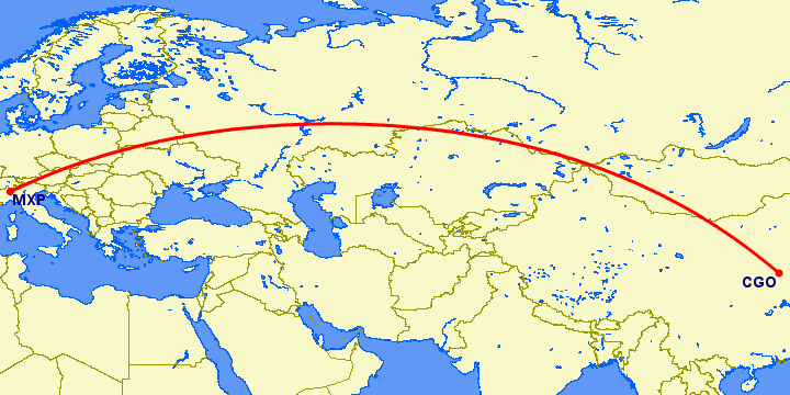 перелет Милан — Чженчжоу на карте