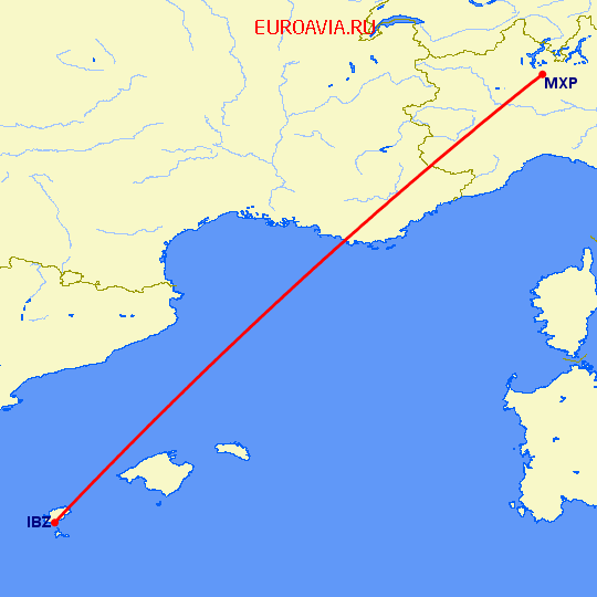 перелет Милан — Ибица на карте