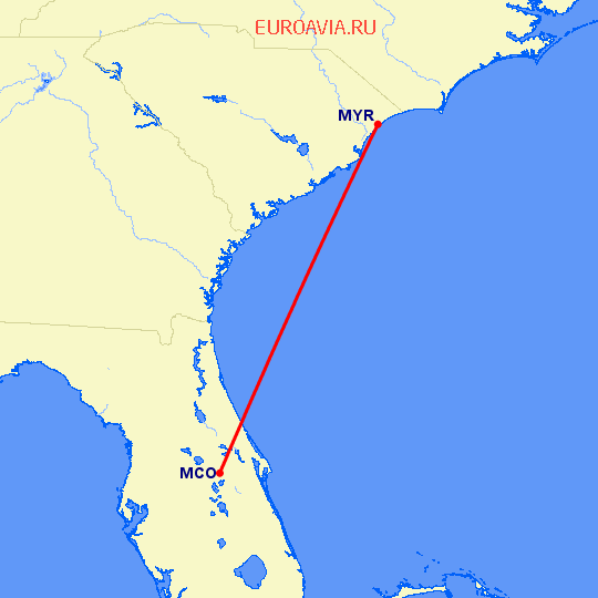 перелет Миртл Бич — Орландо на карте