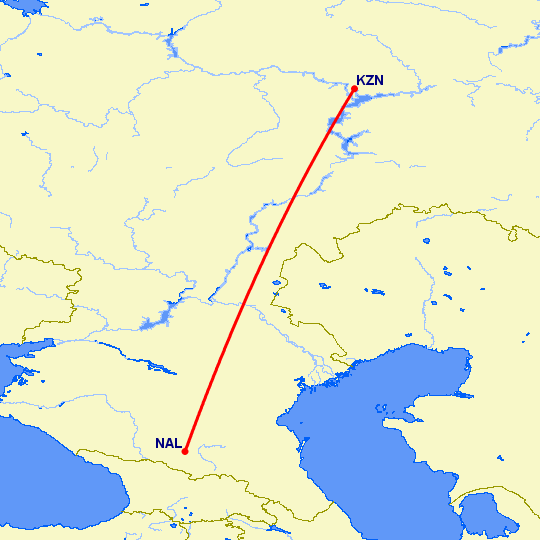 перелет Нальчик — Казань на карте