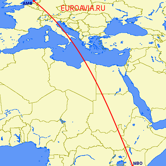 перелет Найроби — Амстердам на карте