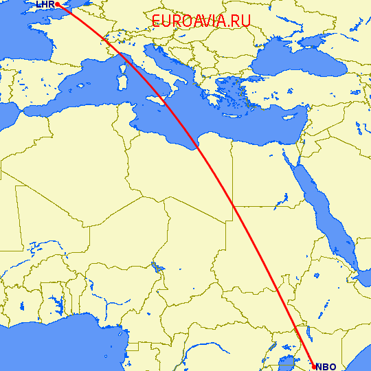перелет Найроби — Лондон на карте