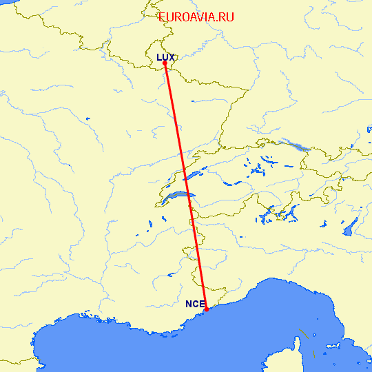 перелет Ницца — Люксембург на карте