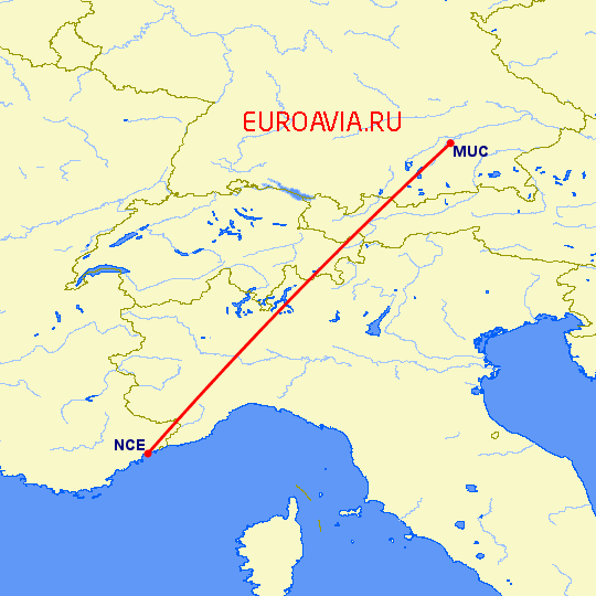 перелет Ницца — Мюнхен на карте