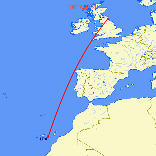 перелет Ньюкасл — Лас Пальмас на карте