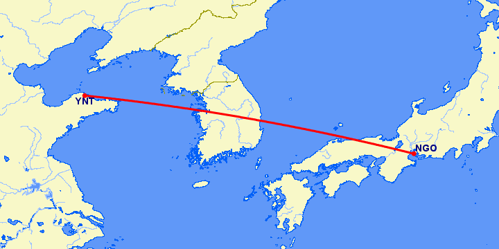перелет Нагоя — Янтай на карте