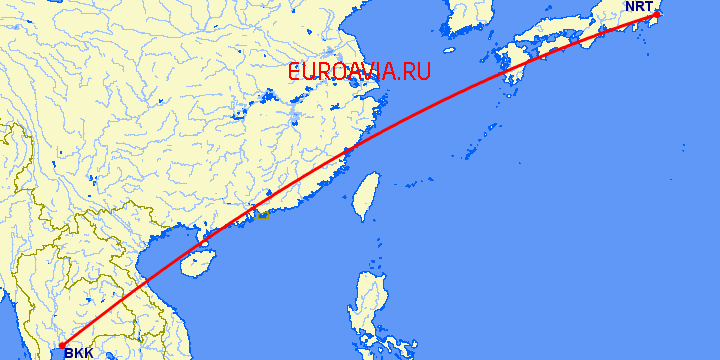 перелет Токио — Бангкок на карте