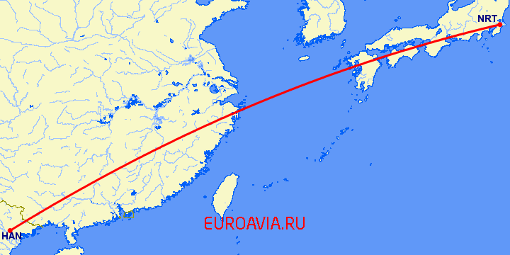 перелет Токио — Ханой на карте