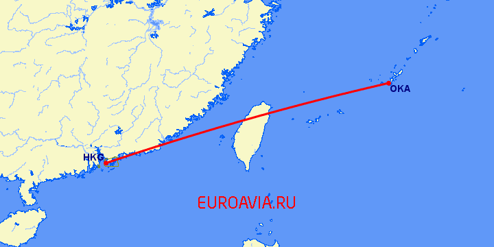 перелет Окинава — Гонконг на карте