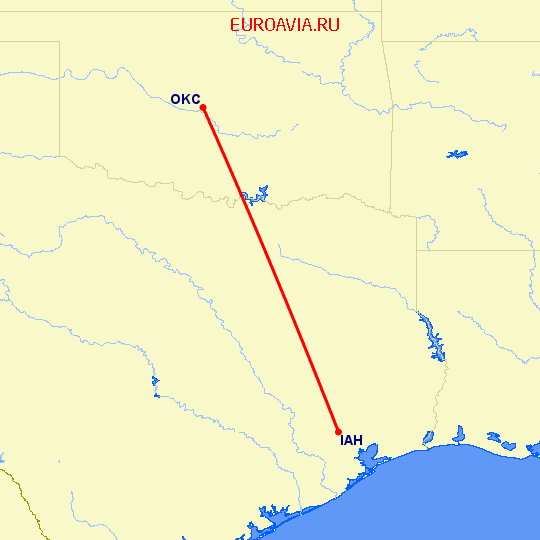 перелет Оклахома Сити — Хьюстон на карте