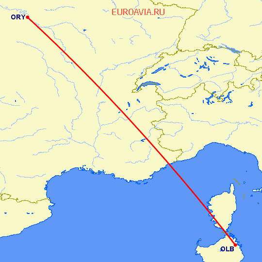 перелет Costa Smeralda — Париж на карте