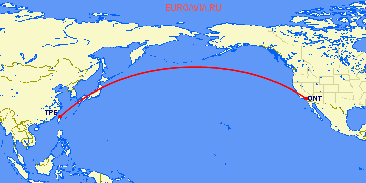 перелет Онтарио — Тайбэй на карте