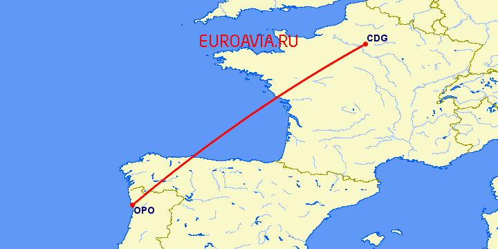 перелет Порту — Париж на карте