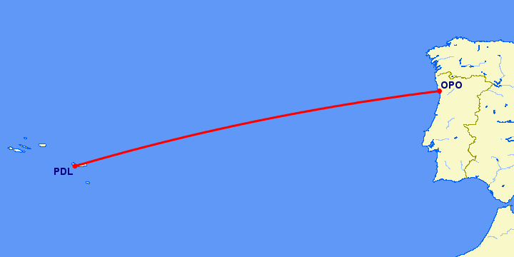 перелет Порту — Ponta Delgada на карте