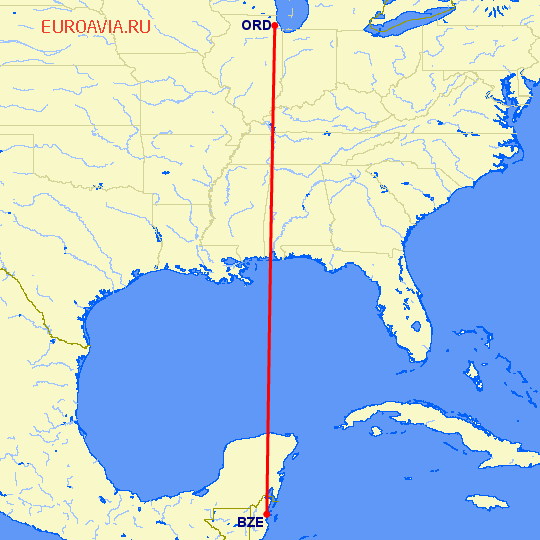 перелет Чикаго — Белиз Сити на карте
