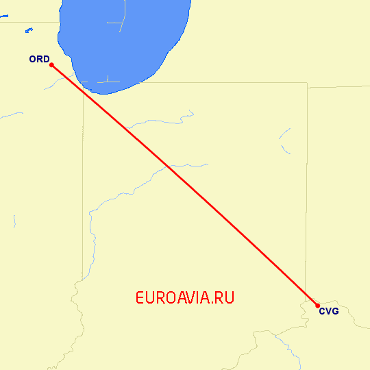перелет Чикаго — Кавингтон на карте