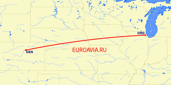 перелет Чикаго — Денвер на карте