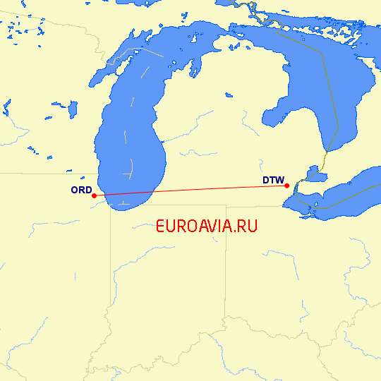 перелет Чикаго — Детройт на карте