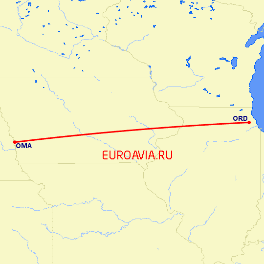 перелет Чикаго — Омаха на карте