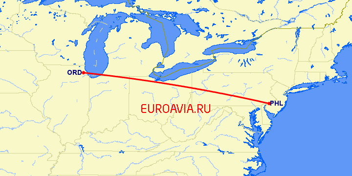 перелет Чикаго — Филадельфия на карте