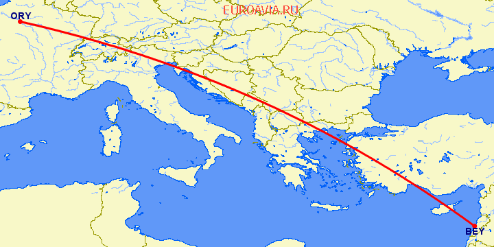 перелет Париж — Бейрут на карте