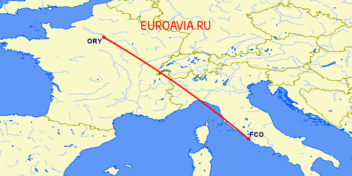 перелет Париж — Рим на карте
