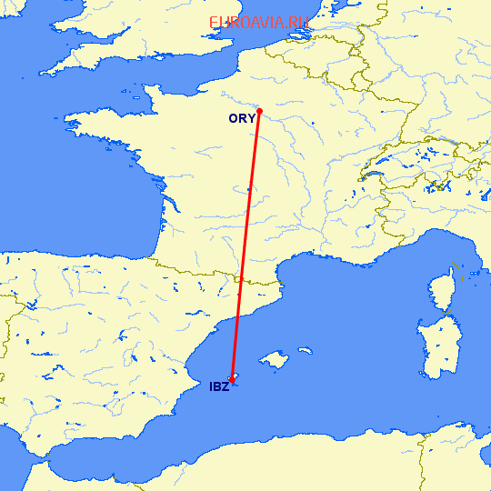 перелет Париж — Ибица на карте