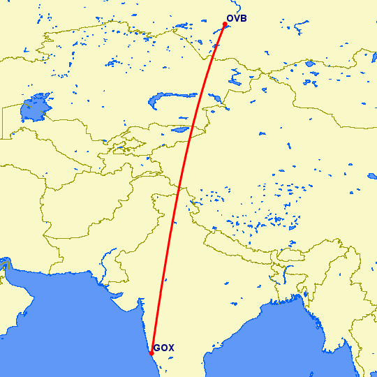 перелет Новосибирск — Северное ГОА на карте