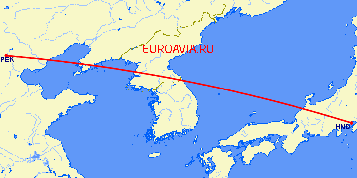 перелет Пекин — Токио на карте