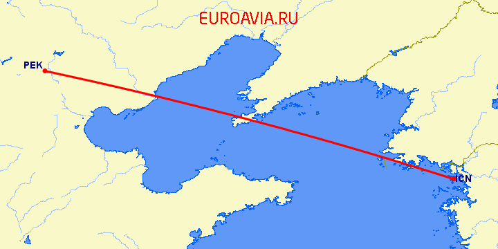 перелет Пекин — Сеул на карте