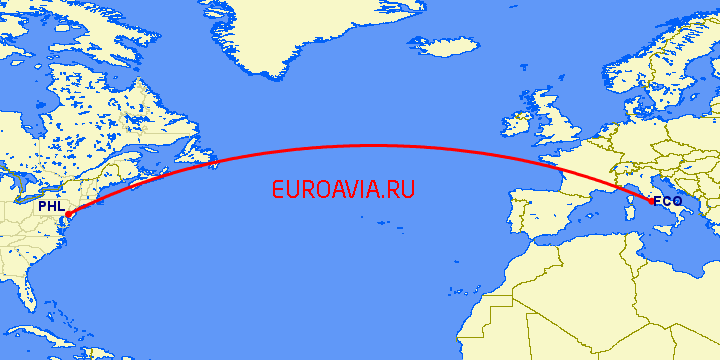 перелет Филадельфия — Рим на карте