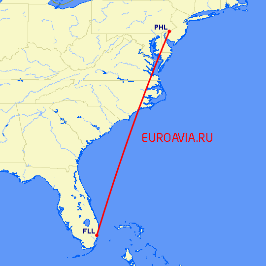 перелет Филадельфия — Форт Лодердейл на карте