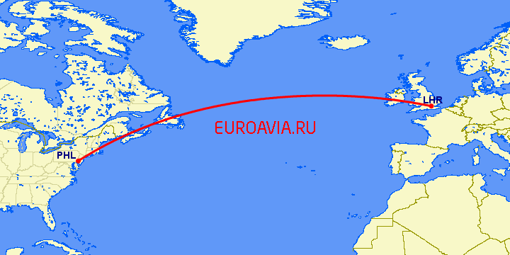 перелет Филадельфия — Лондон на карте