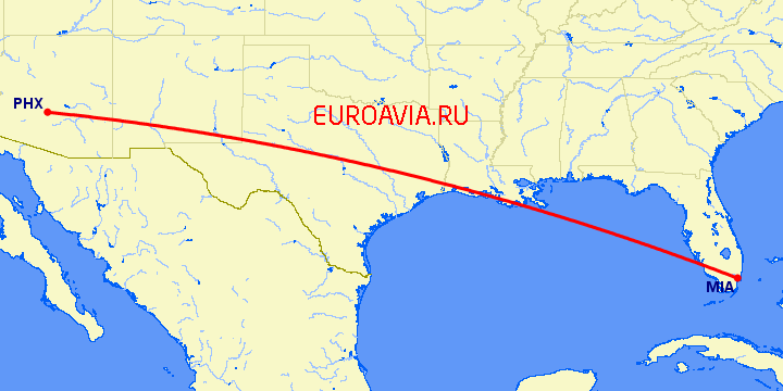 перелет Феникс — Майами на карте