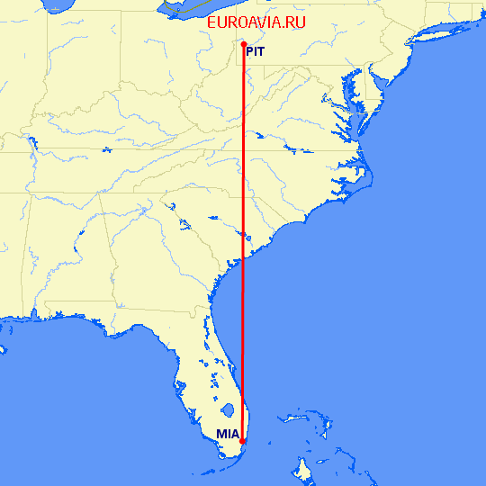 перелет Питтсбург — Майами на карте