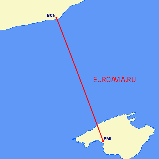 перелет Пальма де Майорка — Барселона на карте