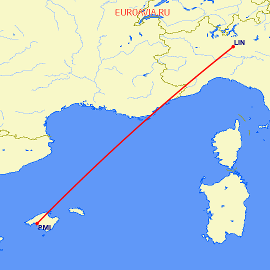 перелет Пальма де Майорка — Милан на карте