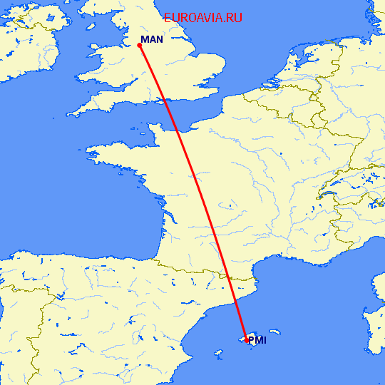перелет Пальма де Майорка — Манчестер на карте