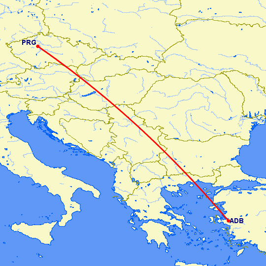 перелет Прага — Измир на карте