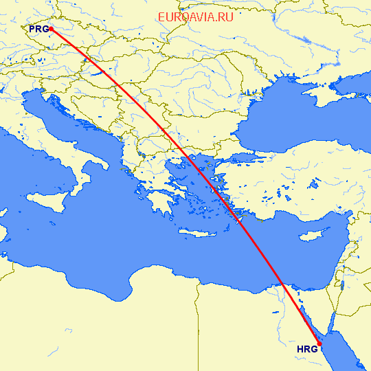 перелет Прага — Хургада на карте