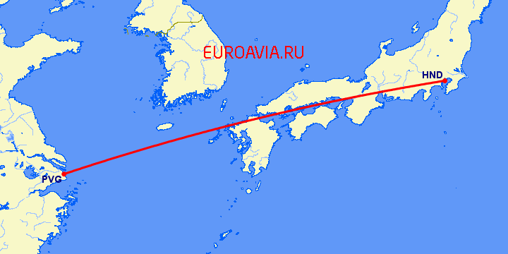 перелет Шанхай — Токио на карте