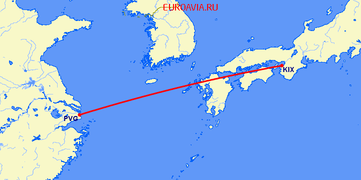 перелет Шанхай — Осака на карте