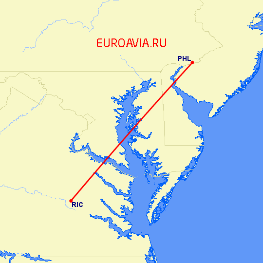 перелет Ричмонд — Филадельфия на карте