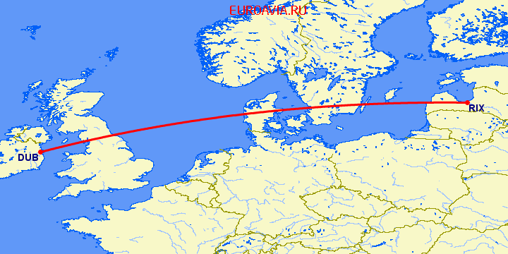 перелет Рига — Дублин на карте