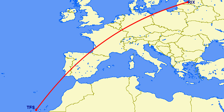 перелет Рига — Тенерифе на карте