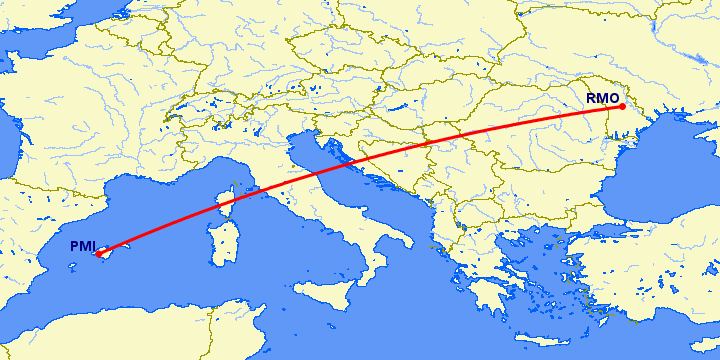 перелет Кишинев — Пальма де Майорка на карте