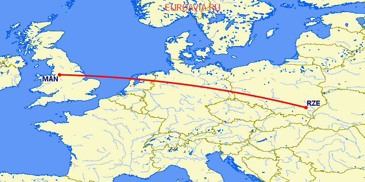 перелет Жешув — Манчестер на карте