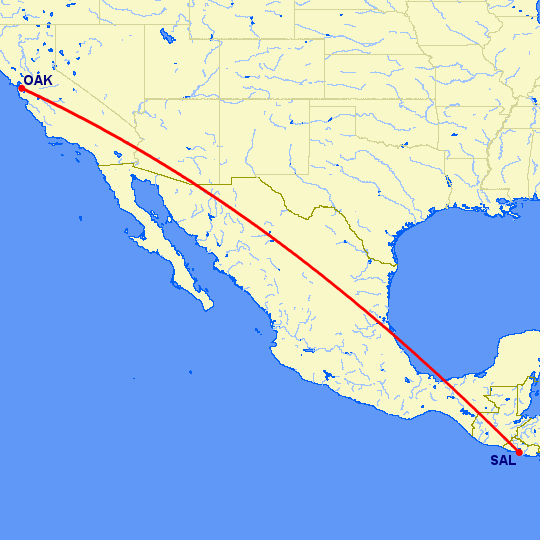 перелет Сан Сальвадор — Окленд на карте