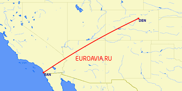 перелет Сан Диего — Денвер на карте
