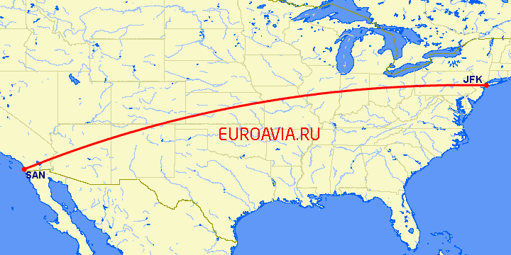 перелет Сан Диего — Нью Йорк на карте